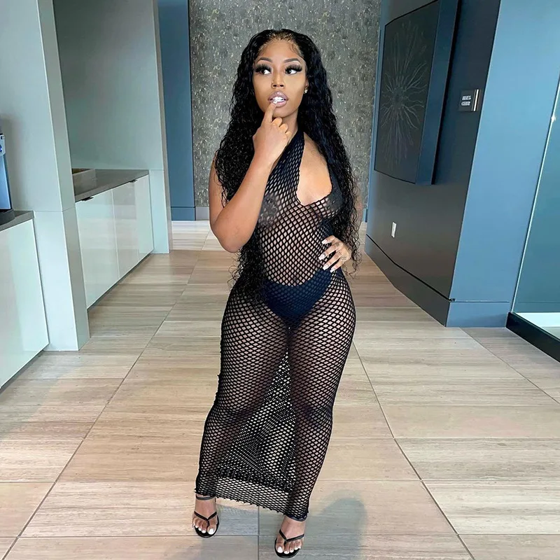 

Best price stylish sexy black long hollow see through casual one shoulder club dress