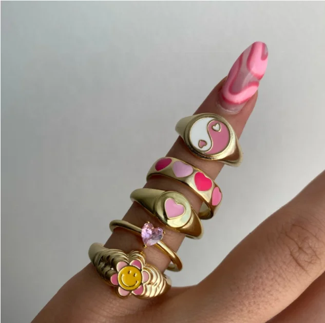 

New Trendy Colorful pink heart enamal Rings for girl's Party
