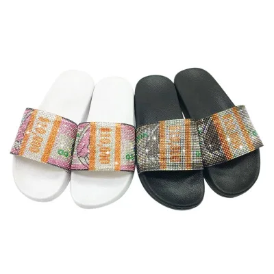 

SL-0175 New Trendy Comfortable Flat Slippers Ladies Bling Flip Flop House Rhinestone Slippers, Picture