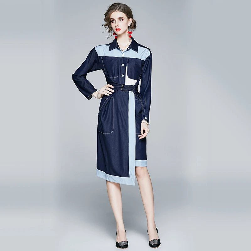 

2021 Fall Women's Long Sleeve Dress Women's Loose Contrasting Color Design Mid-length Dress Fashion Women