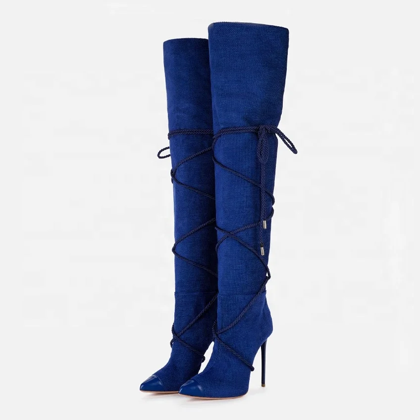 

New Design Strap With Soft Shaft Lace Up Women Over Knee High Boots Thin Heel Lady Pointed Toe Thigh High Long Booty Big Size 43, Blue