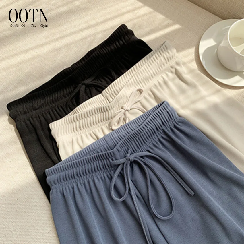 

OOTN 2021 New High Waist Casual Summer Slacks Pants Women Ice Silk Ankle-Length Long Trousers Female Soft Comfort Women Pants