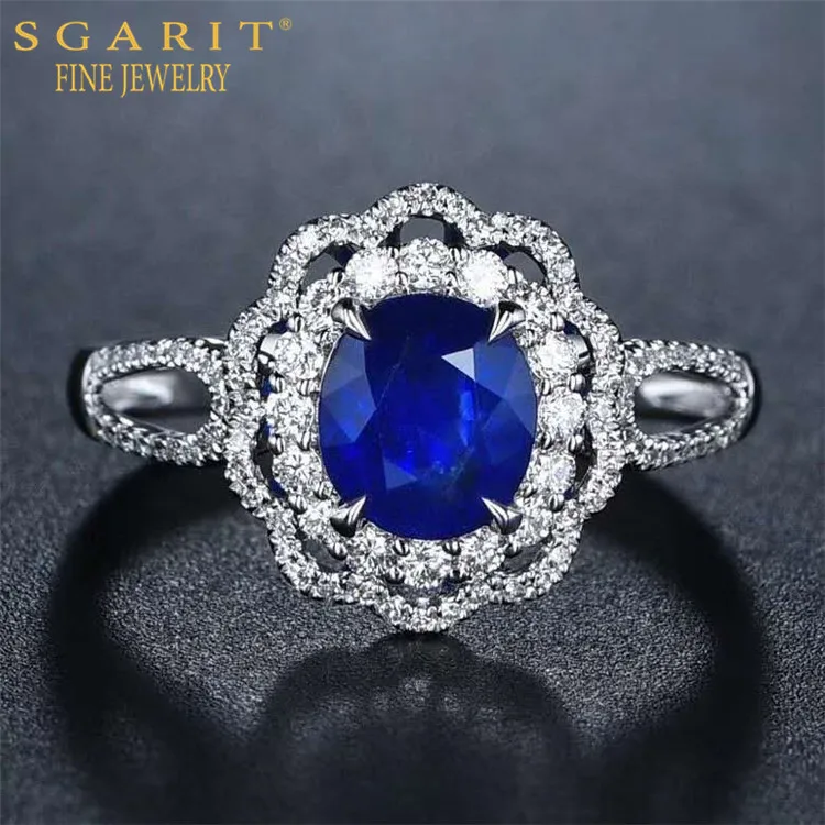 

SGARIT hot sale beautiful marital jewelry 1.67ct Sri Lanka natural unheated royal blue sapphire stone ring 18k gold