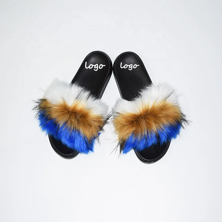 

2022 Winter Fluffy Raccoon Fur Slippers Shoes Women Fox Fur Flip Flop Flat Furry Fur Slides Outdoor Sandals Woman Amazing Shoes