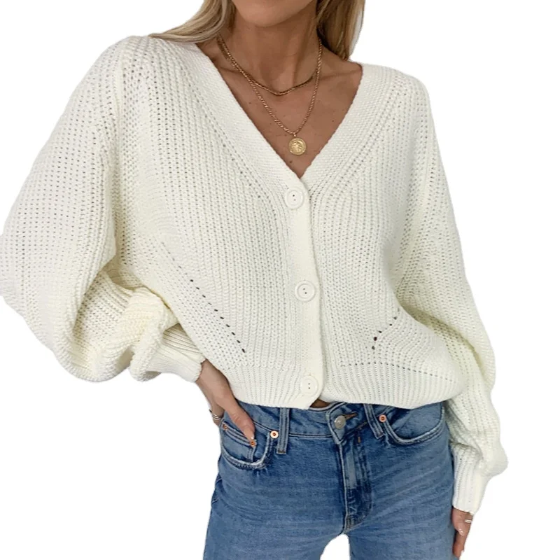 

New sweater women's cardigan solid color V-neck lantern sleeve button knitted cardigan