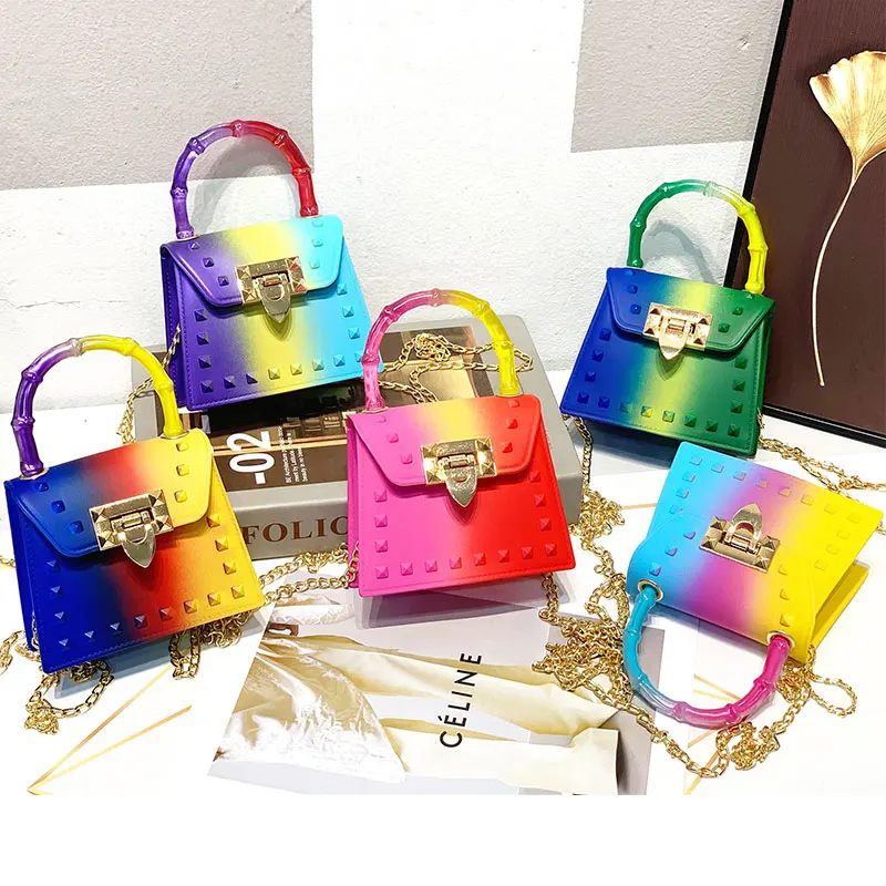

Wholesale Candy Women Handbag Kids Jelly Bag Colorful Rainbow Girls Purses Silicone/PVC Lady Shoulder Crossbody Sling Bags Purse, Colors