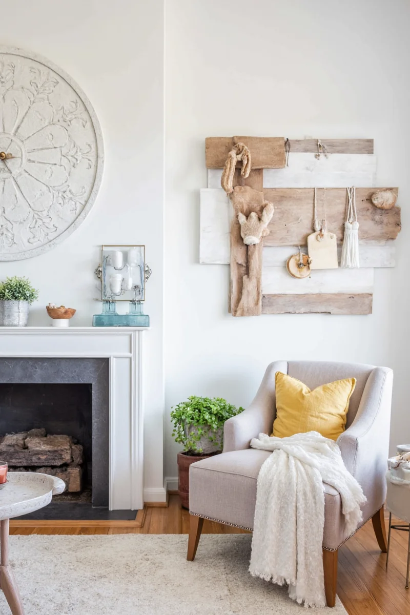Church style living room with wooden beams and stained glass