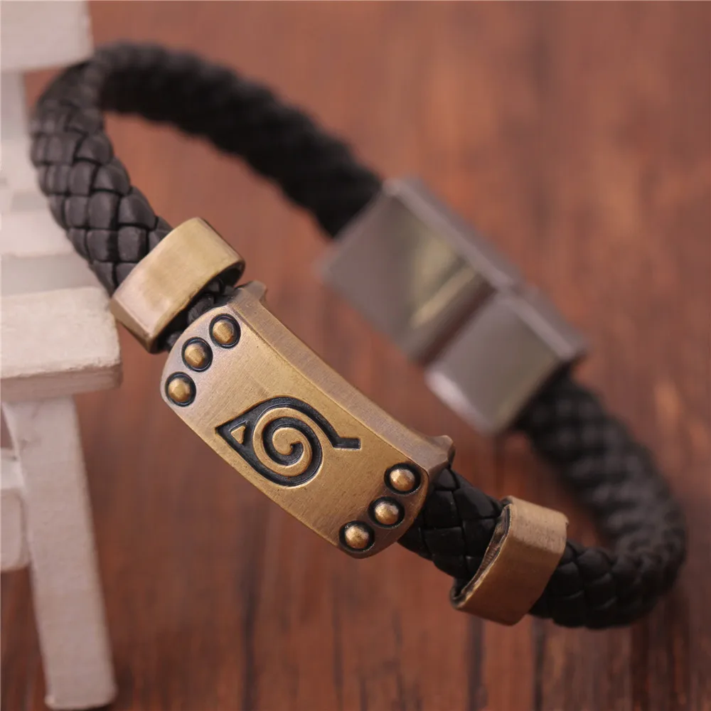 

21cm Anime Naruto Knit Bracelet With Wooden Leaf Sign Alloy Plate Cosplay Costumes Accessories Props Fashion Bracelets