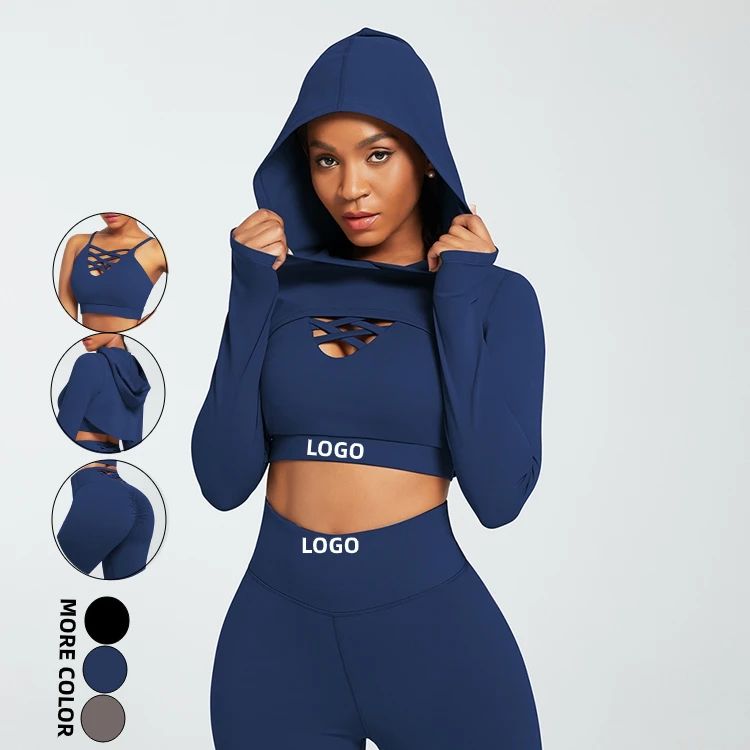 

2021 Workout Sets Hooded Crop Top 3 Piece Yoga Set Seamless Workout Sets For Women