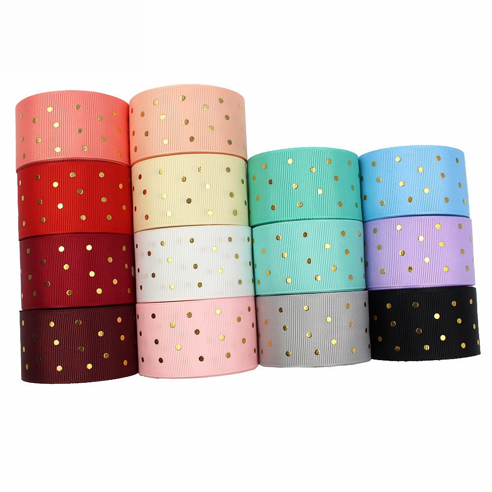 

3.8cm Factory DIY Colorful Grosgrain Ribbon With Gold Foil Printed Polka Dots For Hair-bow, 14 colors