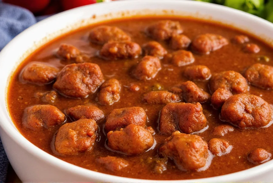 Close-up of thick meaty chili texture showing perfect meat-to-sauce ratio in white bowl
