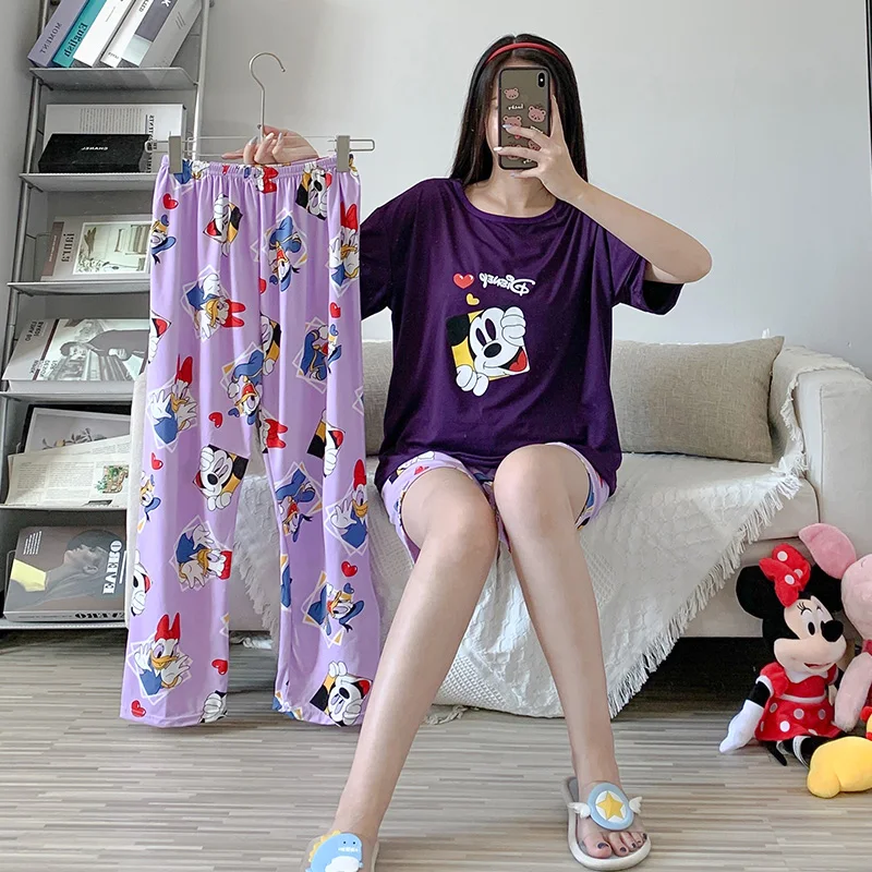 

Woman Summer Sleepwear Short Sleeve Shorts Pant 3Pcs Sets Pajamas Korean Cartoon Style Soft Milk Silk Casual Home Wear For Lady, As picture show