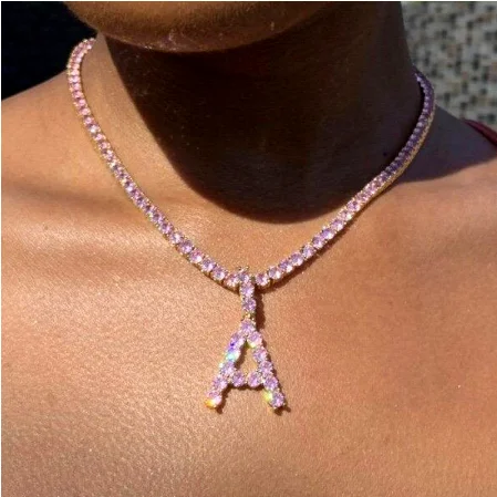 

2021 great sale cz tennis chain iced out diamond custom letter pendant necklace