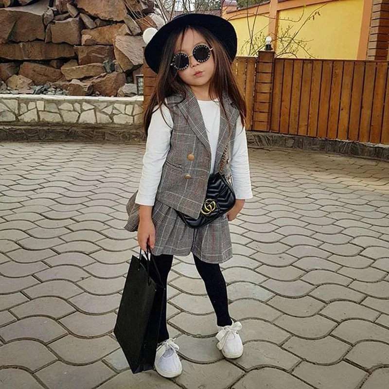 

Girls Fashion Clothing Set Toddler Girl Plaid Waistcoat+White Tops+Skirt 3Pcs Outfits Clothes Set Fashionable Children Clothing, As picture