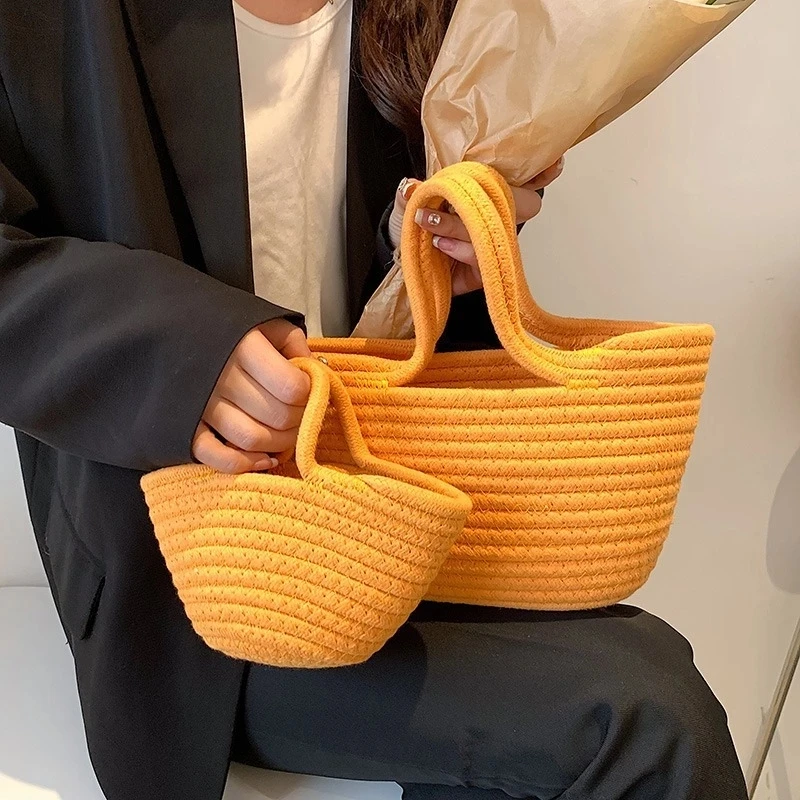 

2022 Casual Solid Color Woven Bag Women Small Tote Straw Bag Beach Vacation Travel Shopping Shopper Handbag Female Open Bag
