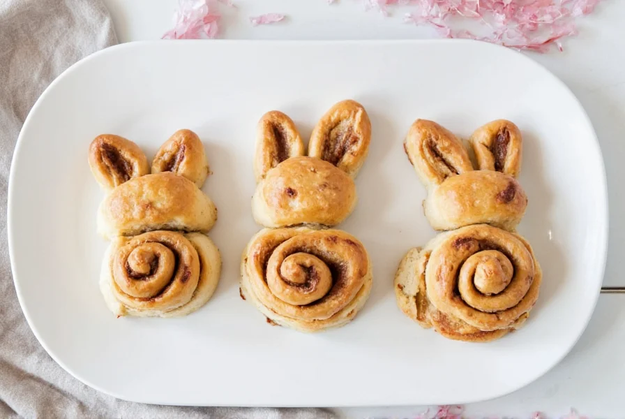 Comparison of beginner, intermediate, and advanced bunny cinnamon roll designs showing progression of shaping complexity