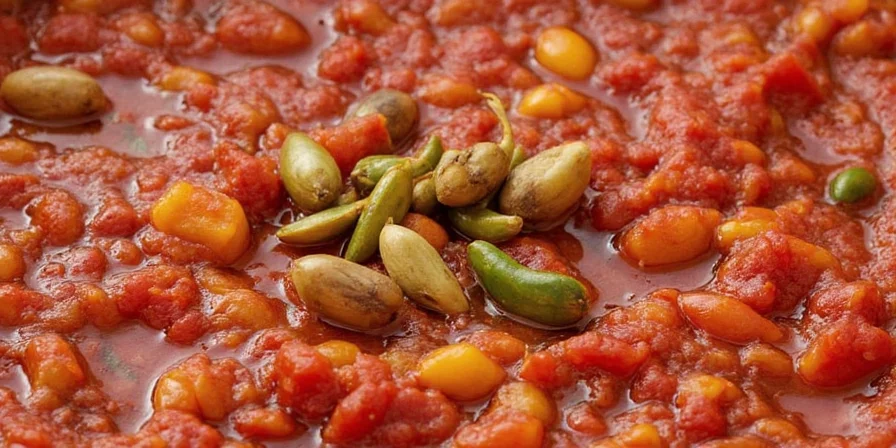 A colorful bowl of chili with labeled spice ingredients