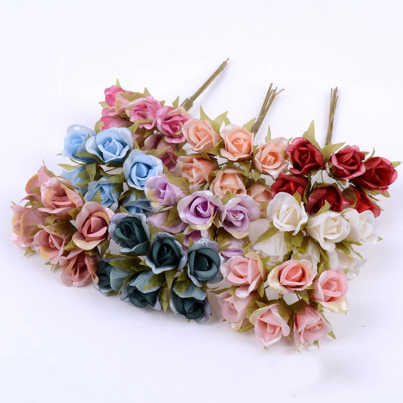 

6pcs/lot 2cm Mini Silk Rose Small Bouquet Artificial Flowers For Wedding Home Decoration DIY Wreath Gift Scrapbooking Crafts