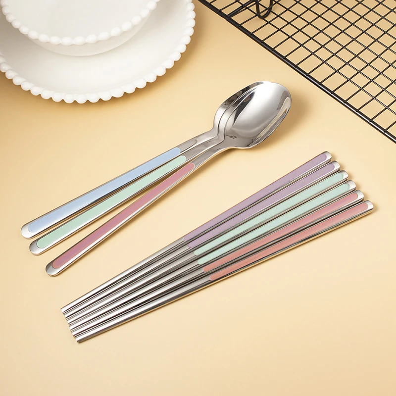 

Colored Handle Korean Style Restaurant Office School Stainless Steel Chopstick And Spoon