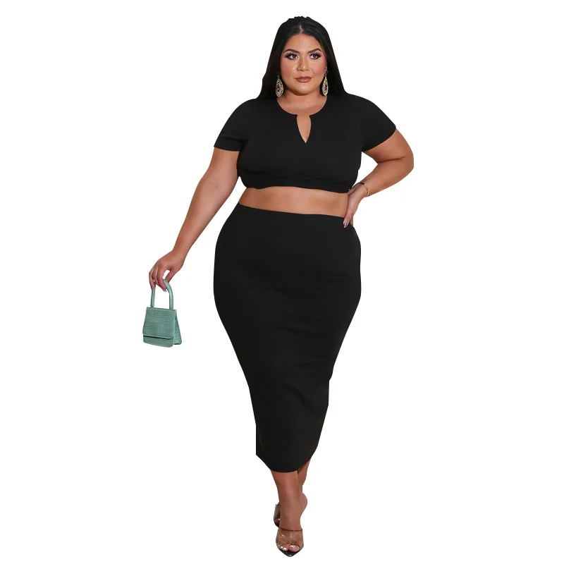 

PSS2062 High Quality Plus Size Fat Women Wraped Black Crop Tops Pencil Midi Two Piece Skirt Set, As show