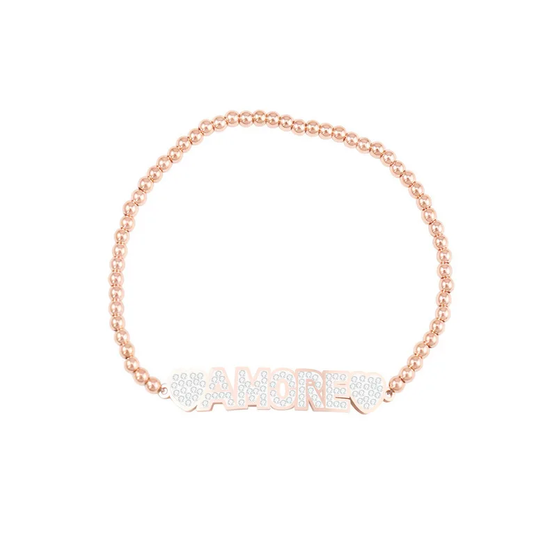 

Trendy Design Real Gold Plating 316L Stainless Steel AMORE Beads Bracelet Crystal Rhinestone Initial Letter Elastic Bracelet