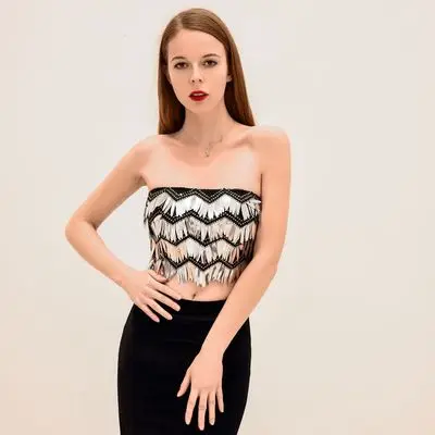 

LD041 trendy women bling clothing sexy girls fashion clothing stylish sequin backless strapless summer top, Red, apricot, silver, picture color, color, black&white
