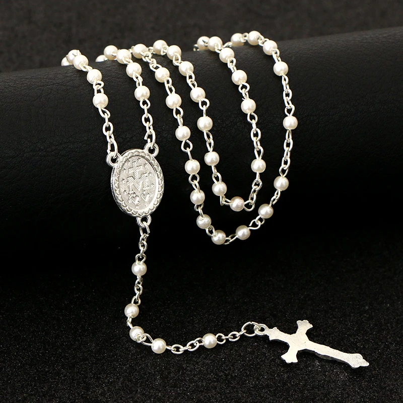 

3MM Handmade Pearl Christian Cross Necklace, Plain White Catholic Prayer Pendant Rosary Connecting Beads For Women