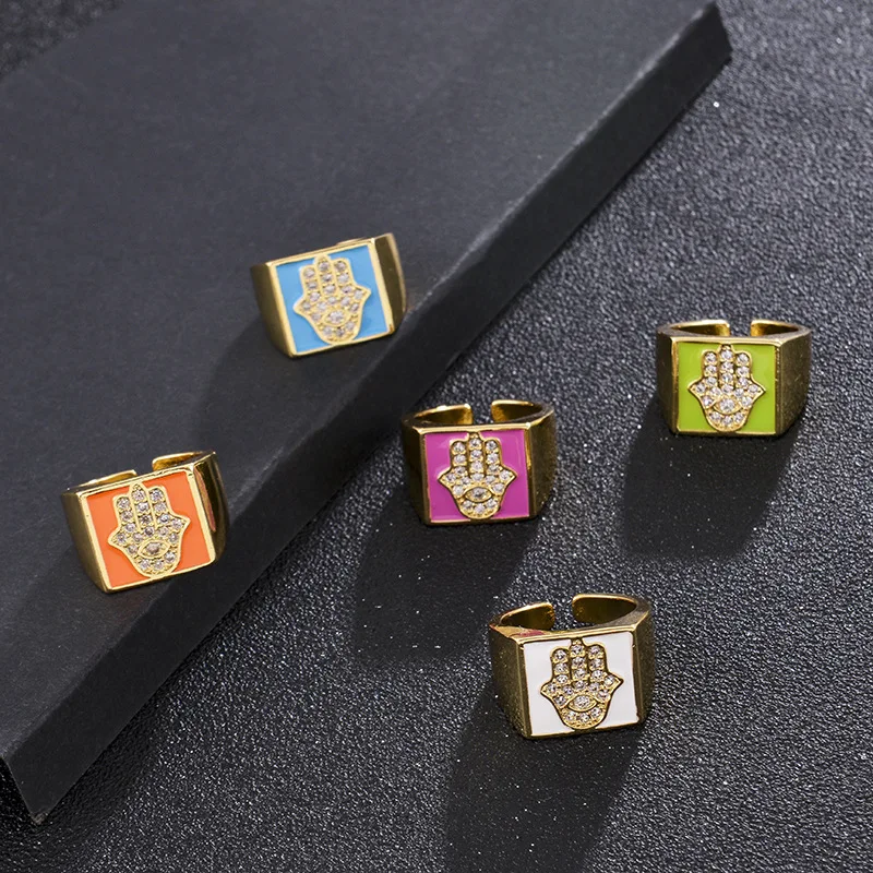 

Best Selling Multi Color Oil Drip Palm Open Rings Colorful Enamel Crystal Rhinestone Evil Eyes Square Adjustable Rings