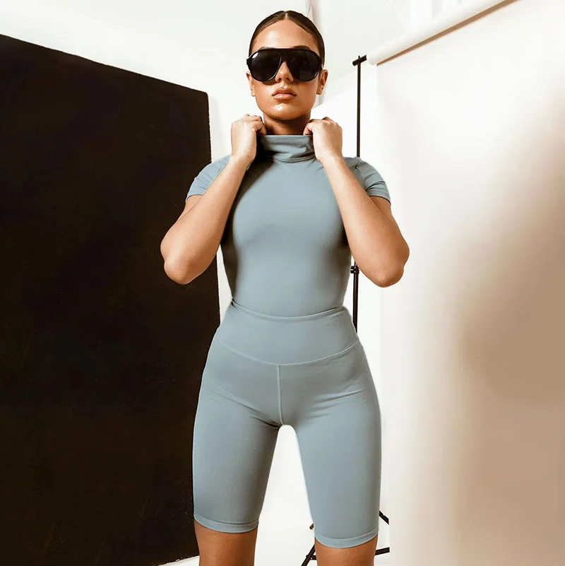 

YIWU QIUDUN New Round Stand Collar Short Sleeve High Waist Clothing Sets For Women Two Pieces Pants Set