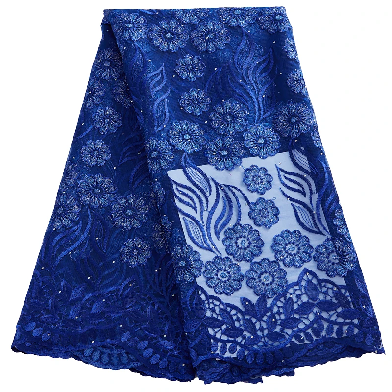 

2838 Royal Blue Tulle Lace French Embroidery African Lace Fabric Nigerian Laces Fabrics With Stones For Women Dresses