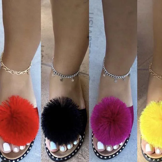 

Women Ladies Furry House Slippers 2021 European and American summer new fur ball flat solid color non- slip sandals women, As picture