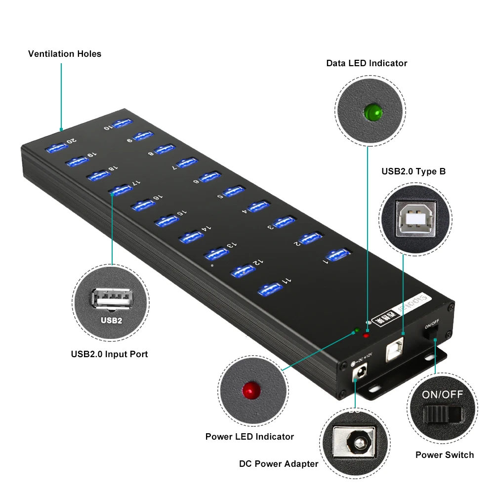 Sipolar 20 Port Usb 2.0 Hub 20 Charger And Syncs Port With 12v 8a