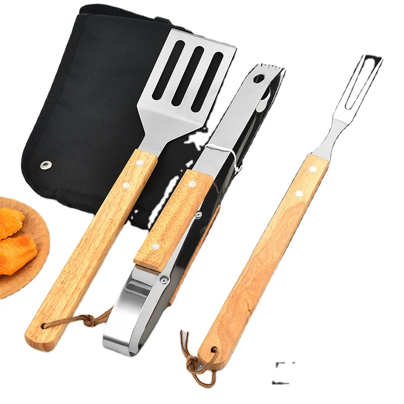 

Factory Wholesale Outdoor Portable Barbecue Grill Accessories BBQ Tools Set Of 3pcs Stainless Steel Wood Handle With Apron