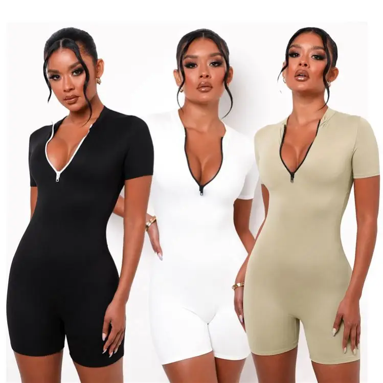 

TINA New Trendy Zipper Solid Color Short Sleeve Bodycon Jumpsuits Sexy Yoga Jumpsuits Wear
