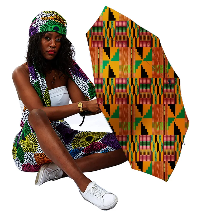 

three-folding semi-automatic customization 2021 printed African Kente pattern umbrella, Customized color
