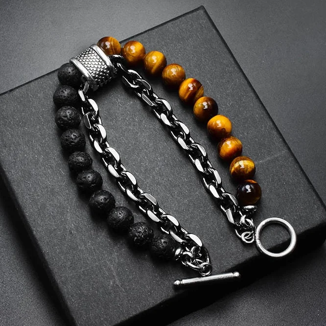 

Fashion Natural Stone Gem Tiger Eye Stone Lava Beads Black Chain Bracelets For Men, Picture shows