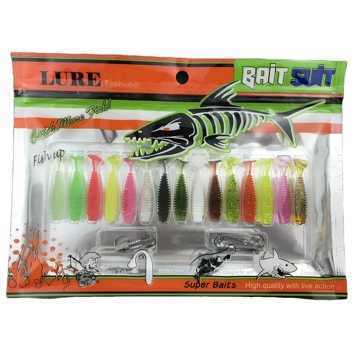

15pcs Paddle tail luminous mini soft fishing lure with 4pcs fishing lead head hook kits, Mix colors