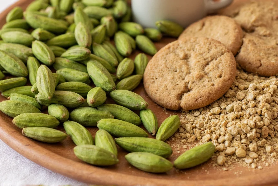 Close-up of green cardamom pods next to freshly ground cardamom powder and traditional Scandinavian cardamom cookies on a wooden plate