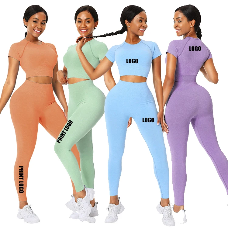 

Custom Logo Summer Plain Color Short Sleeve Crop Top And High Waist Yoga Pants Two Piece Set Women Tracksuit