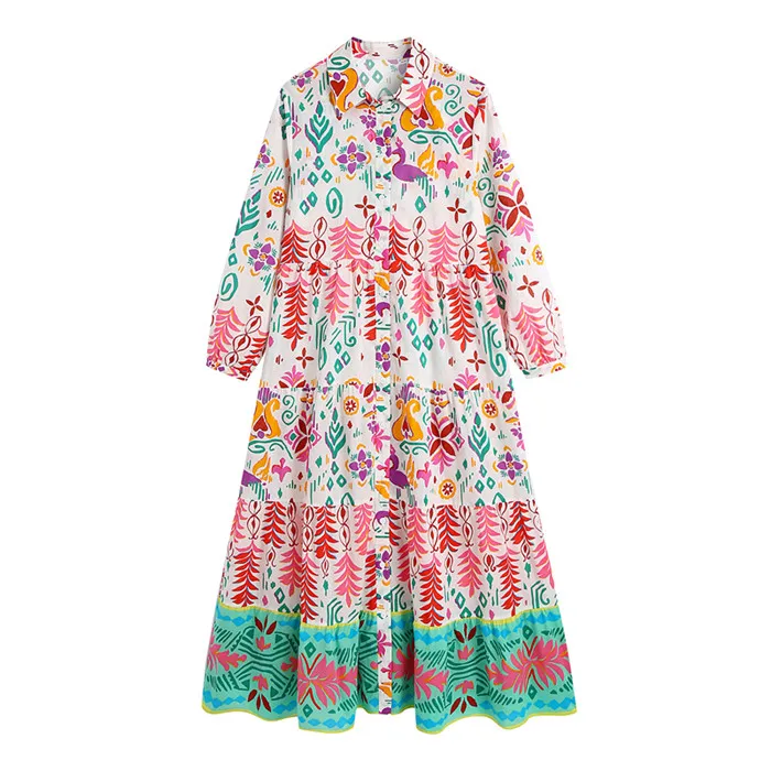 

D172 Korean 2021 Fashion Long Sleeve Floral Print Turn Down Collar Shirt Dress Women Long Dresses Clothing 7