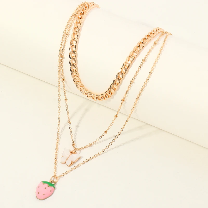 

Wholesale Fashion Strawberry Necklace Cuban Link Butterfly Necklace Sets For Girls