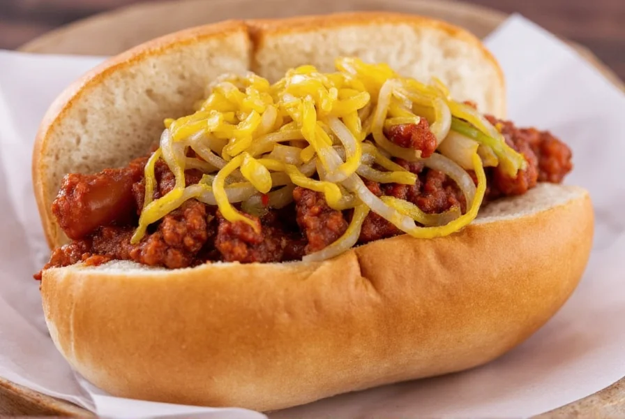Close-up of Ben's Chili Bowl signature half-smoke with chili, onions, and mustard served on a paper plate