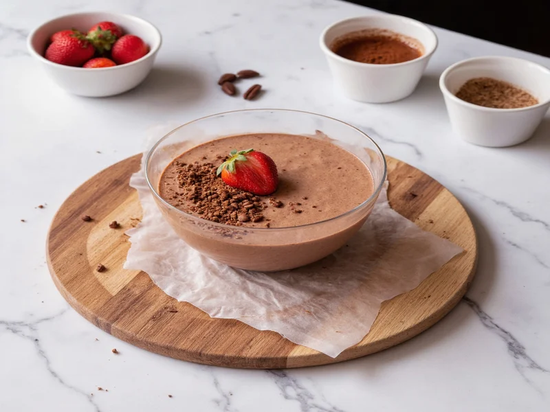 Fresh chocolate mousse ingredients on marble counter