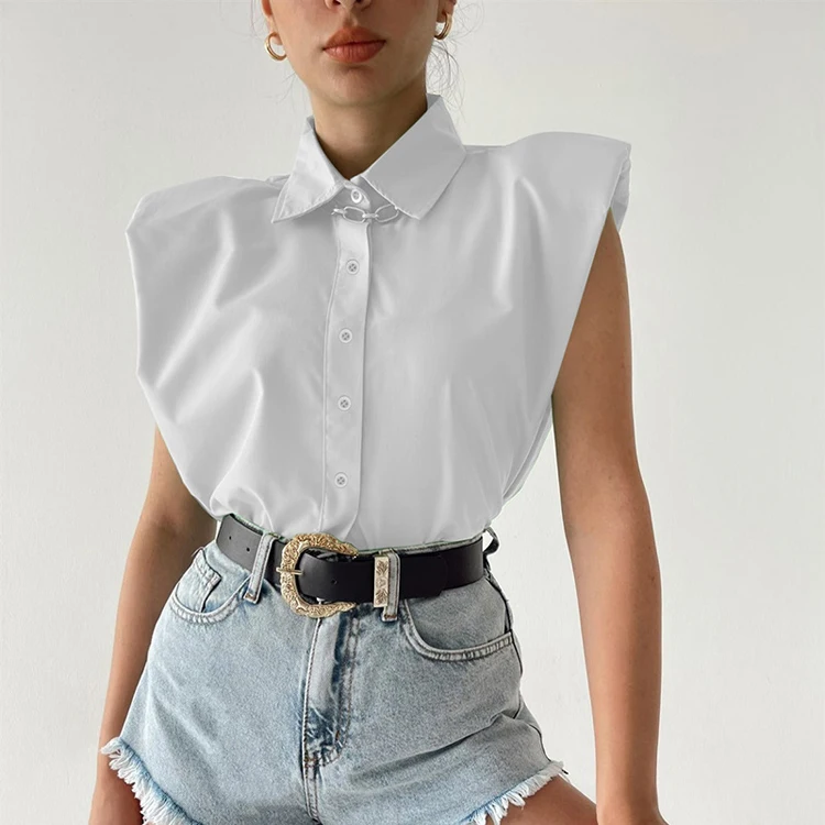 

Fast Fashion Female Clothing Casual Office Turn Down Collar White Shirt Loose Sleeveless Women'S Blouses