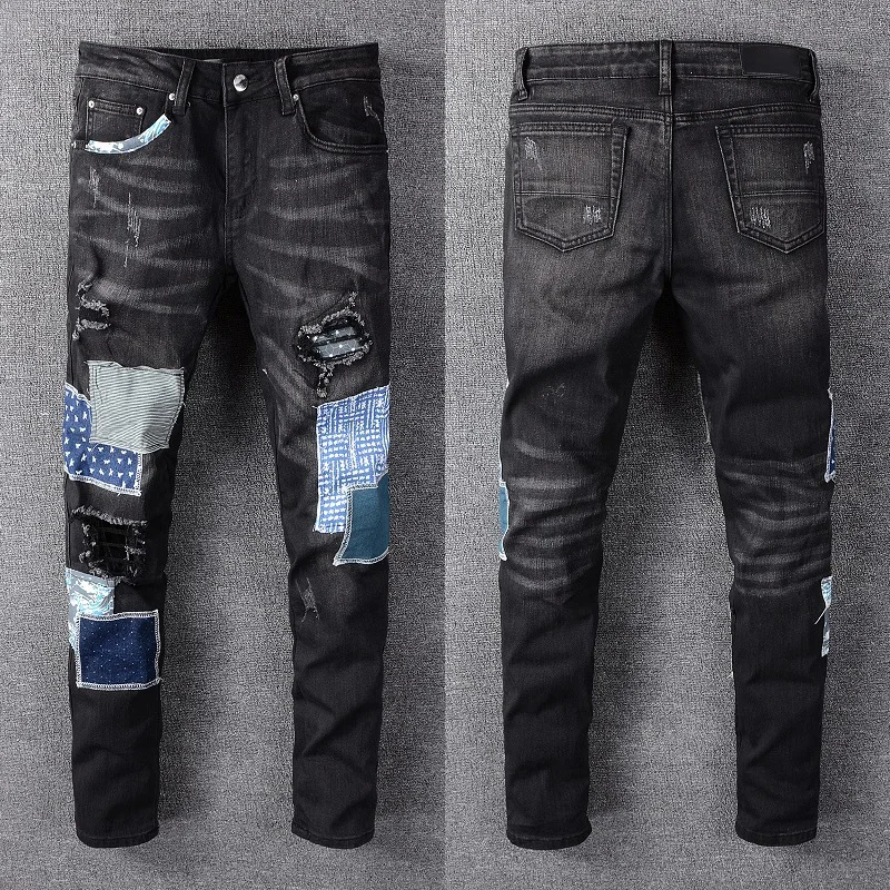 

Fashion color block patch hip hop mens jeans stock popular men's black denim jeans