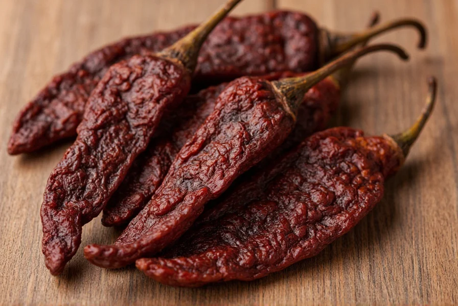 Close-up of dried chipotle peppers showing their wrinkled texture and dark brown color on wooden surface