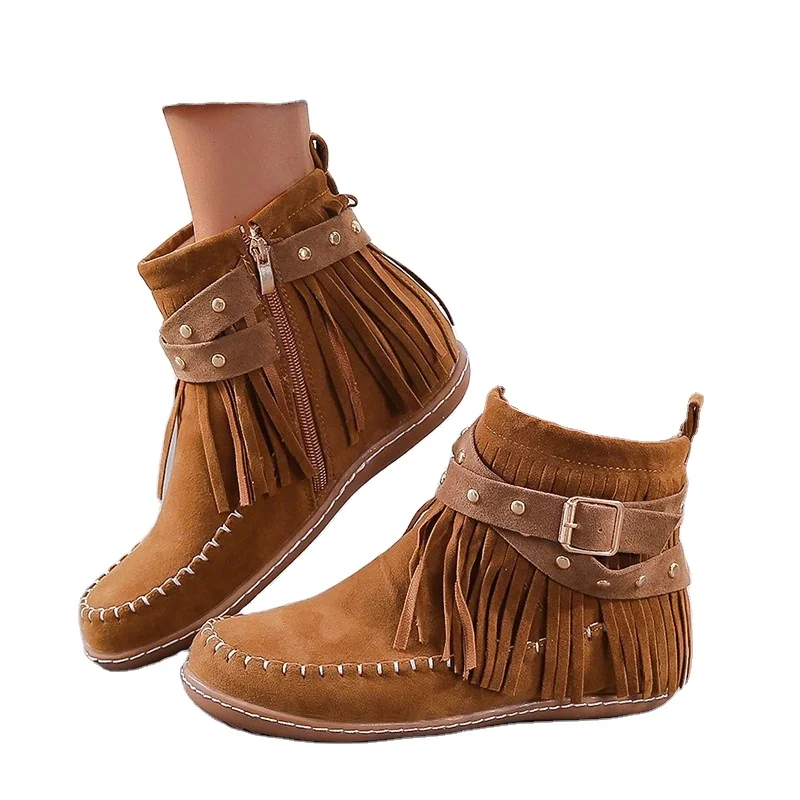 

New autumn/winter 2020 tassel belt buckle suede low tube woman's ankle boot with large size and round head, As shown in figure