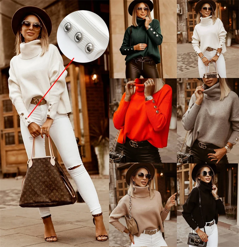 

wholesale winter womens turtleneck pullover sweater plain buttons casual knittng sweater for women