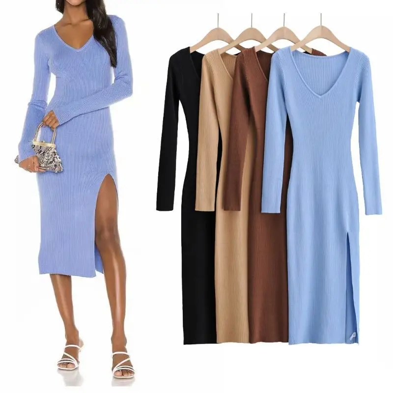 

Fall 2021 Women Clothes Thin Section Stretchy Knit Dress Slim Casual Slit Dresses Knit Sweater Dress, 4 colors