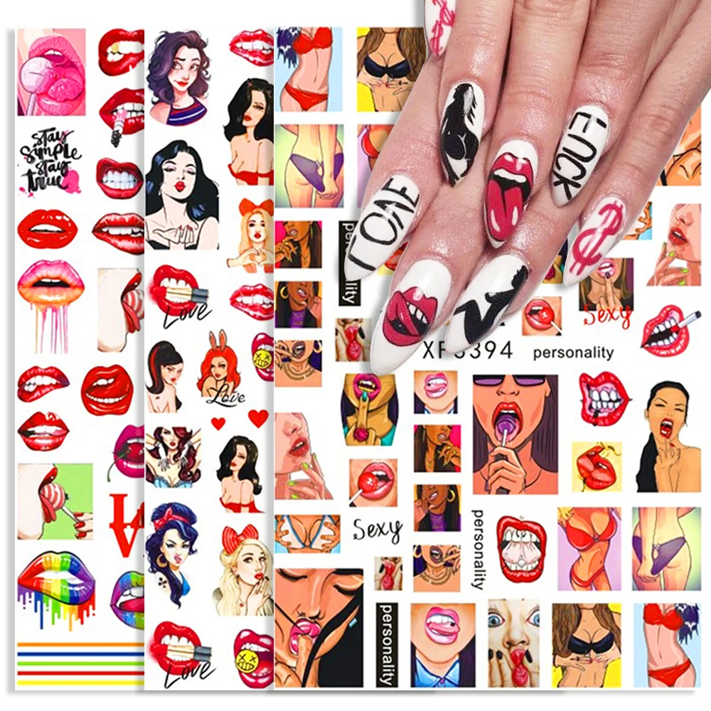 

New abstract art nail stickers Sexy Lips Tongue Makeup Girls Manicure Decoration 2021 gel designers art nail sticker, Colorful